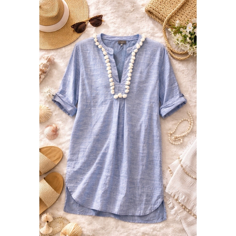 J.Crew Beach Shirt Pom Pom Tunic Cover Up Blue Linen Cotton Small Coastal Chic